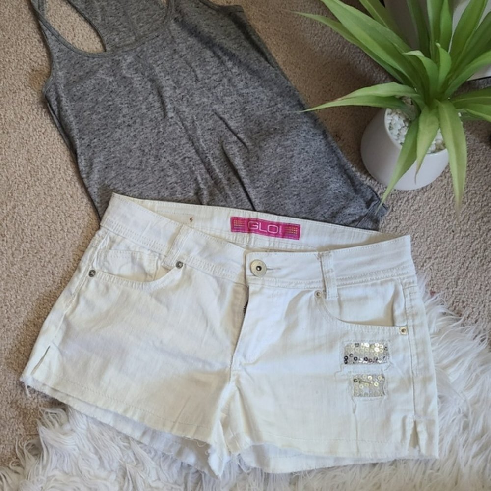 White sequin jean shorts